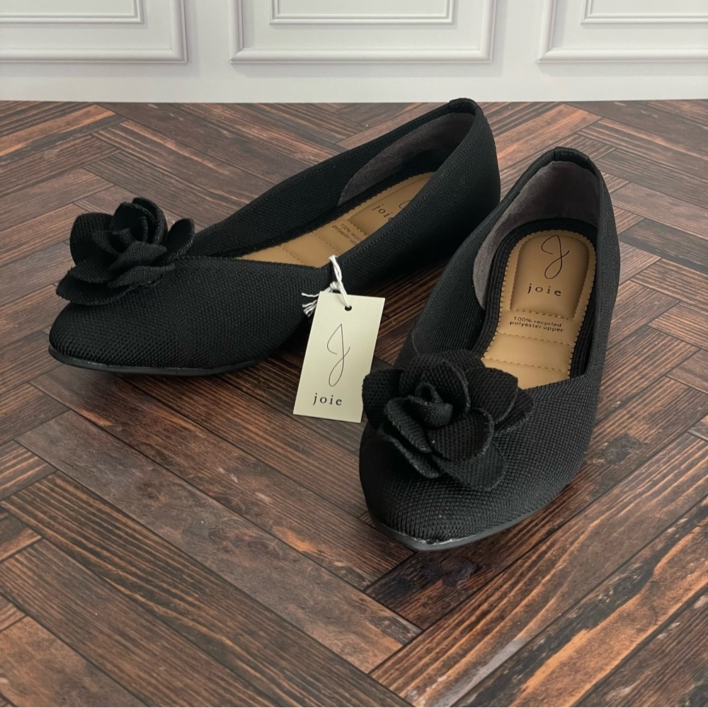 NEW Anthropologie Joie Black Woven Knit Point Toe Flats 3D Flower memory foam - Picture 2 of 8